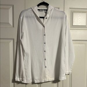 CHICO'S Size 2 Large Classic White Snap Front Hooded Blouse Gauzy Ribbed Cotton